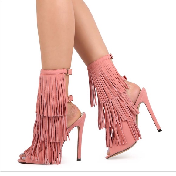 fringe open toe heels
